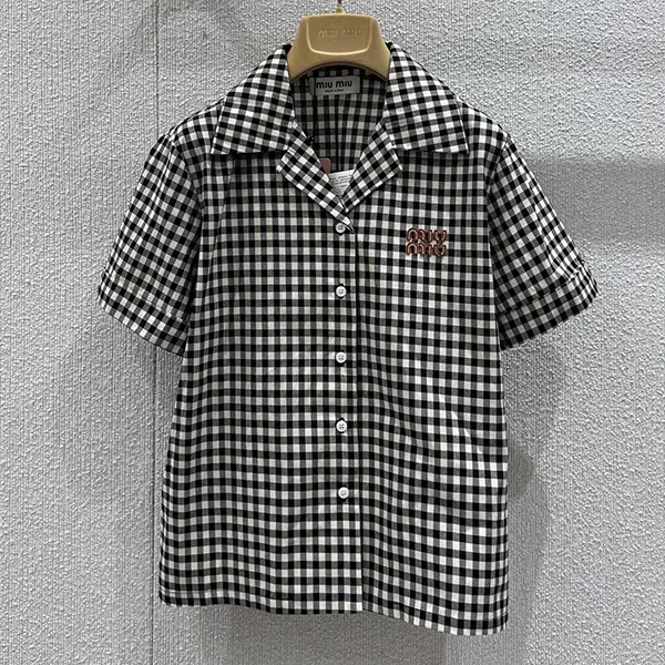 お洒落 ミュウミュウ ロゴギンガムチェックコットンシャツ myt13117